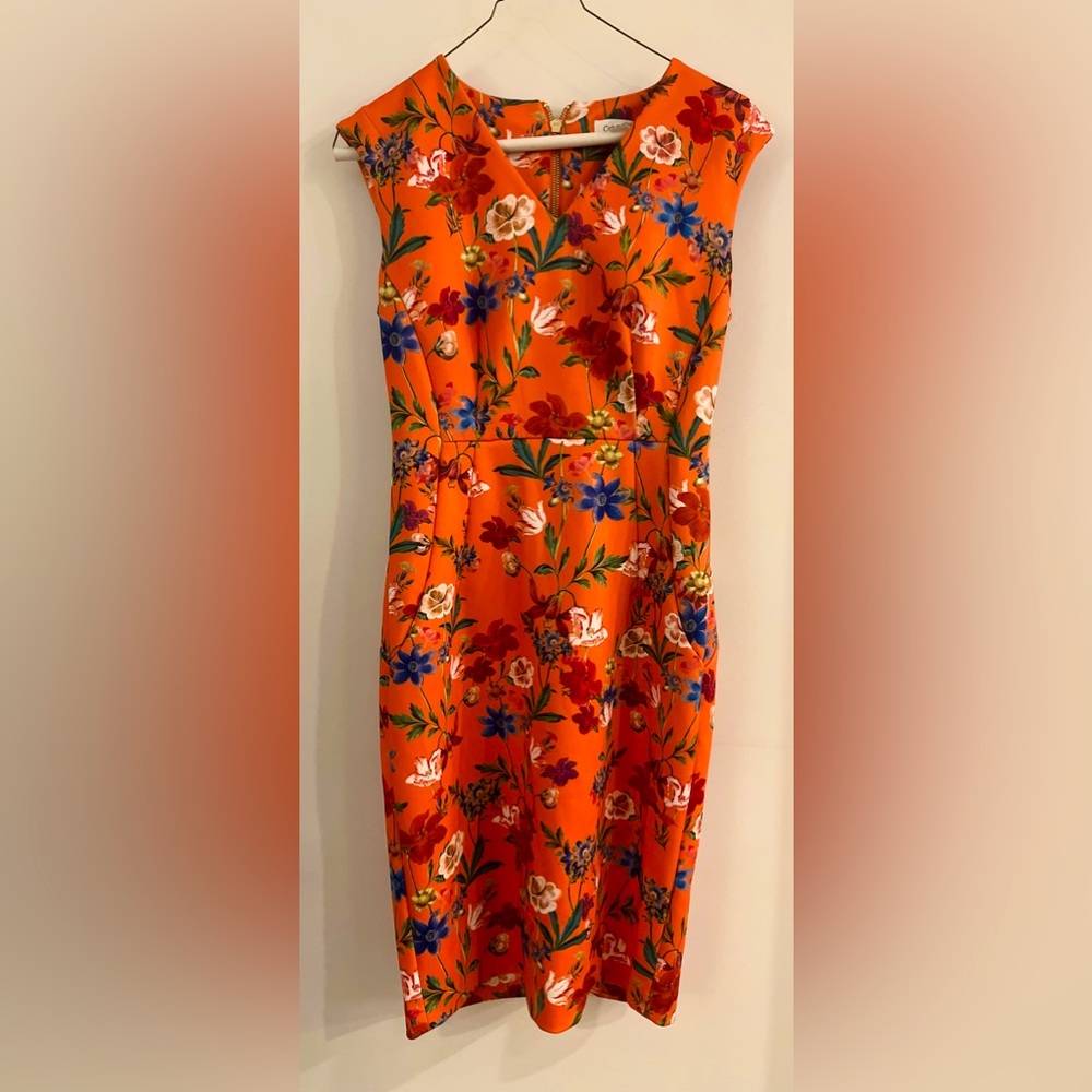Calvin Klein Sheath Dress: Scuba Ponte Orange Floral Sleeveless Exposed Zipper